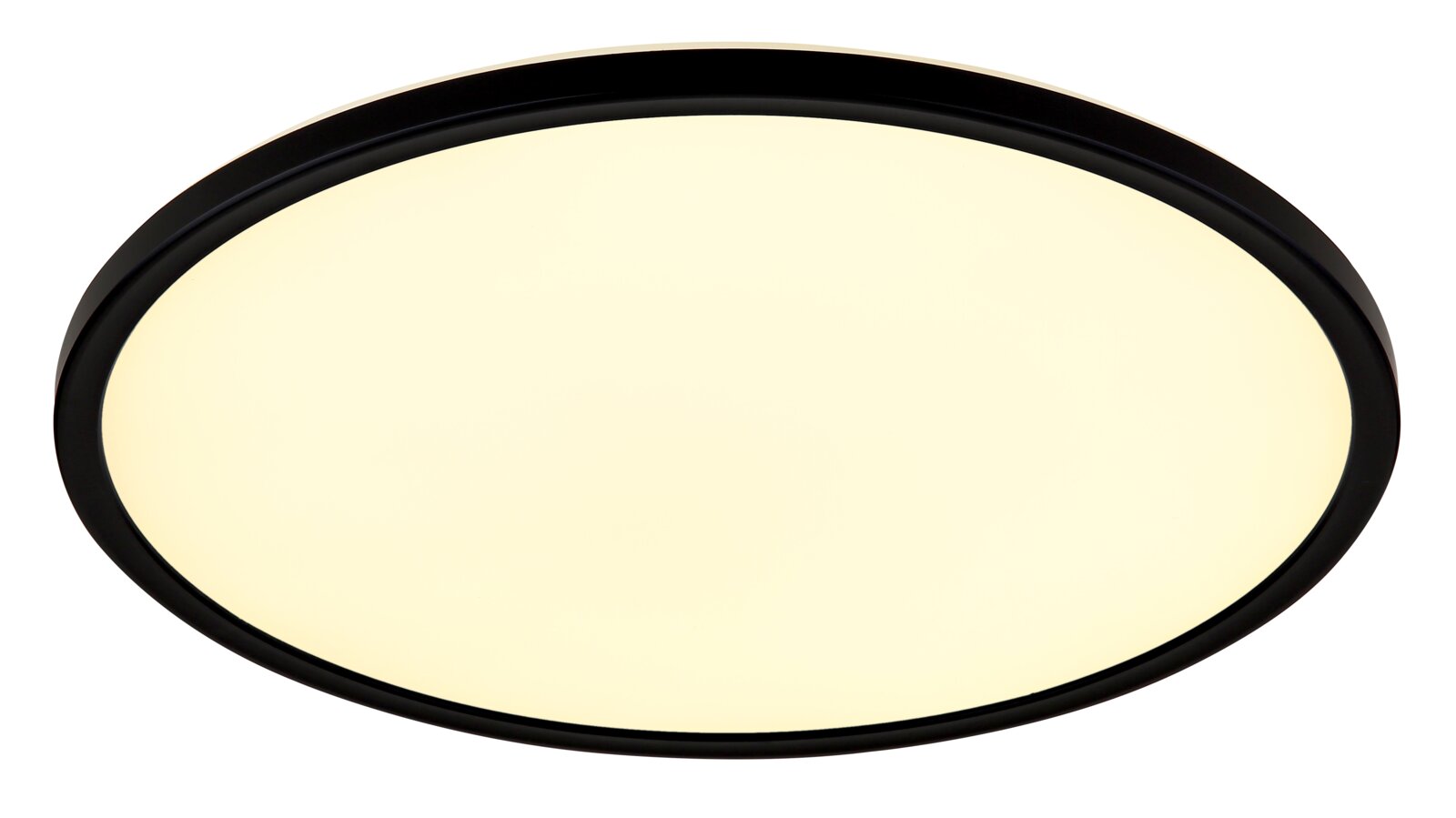 Ovale Deckenleuchte mit schwarzem Rahmen und großflächigem, warmweißem Diffusor, Ansicht von unten (Frontansicht)