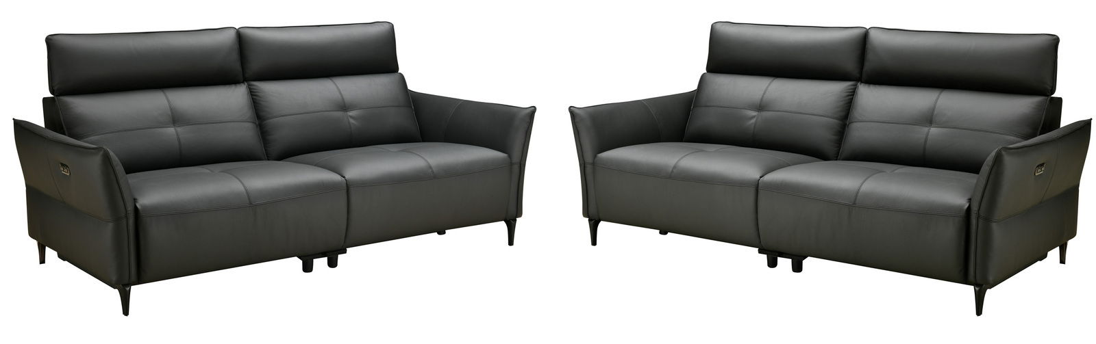 Zwei schwarze Ledersofas, bestehend aus einem 3-Sitzer und einem 2-Sitzer, in Frontalansicht.