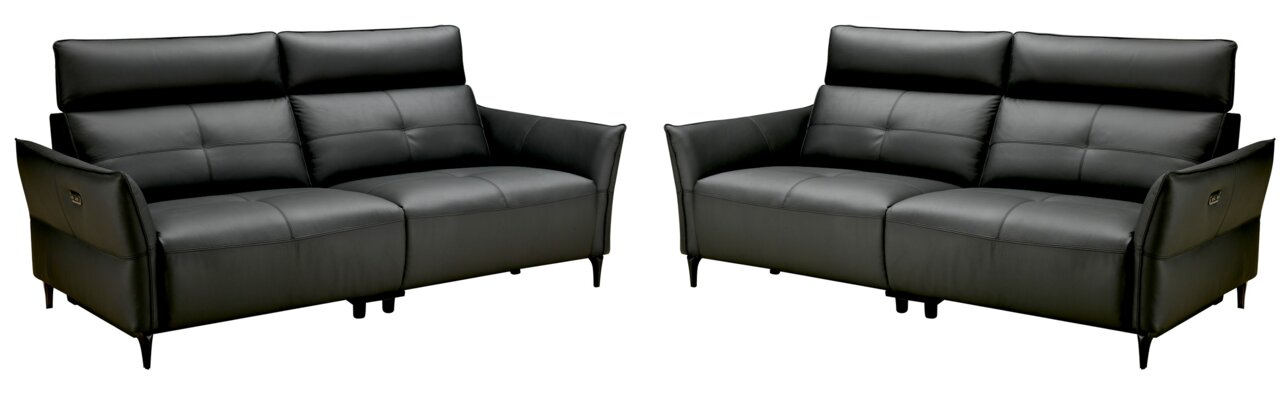 Zwei schwarze Ledersofas, bestehend aus einem 3-Sitzer und einem 2-Sitzer, in Frontalansicht.