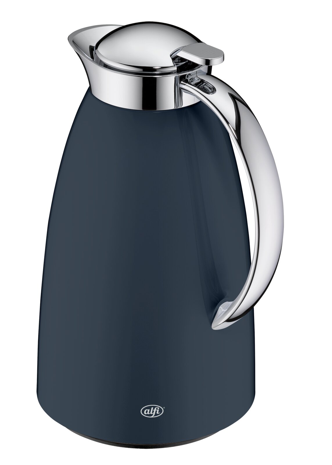 Dunkelblaue Isolierkanne/Thermoskanne mit glänzendem Chromdeckel und ergonomischem Griff, frontal in leichter Seitenansicht von vorn rechts dargestellt.