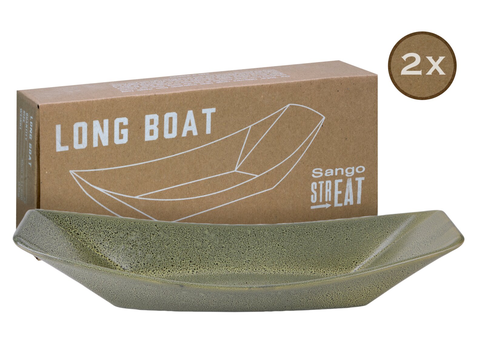 Creatable Boat 2-tlg STREET FOOD Grün gesprenkelte, bootförmige Servierplatte „Long Boat“ von Sango Street mit Verpackung und 2x-Hinweis, in schräger Frontansicht vor weißem Hintergrund.