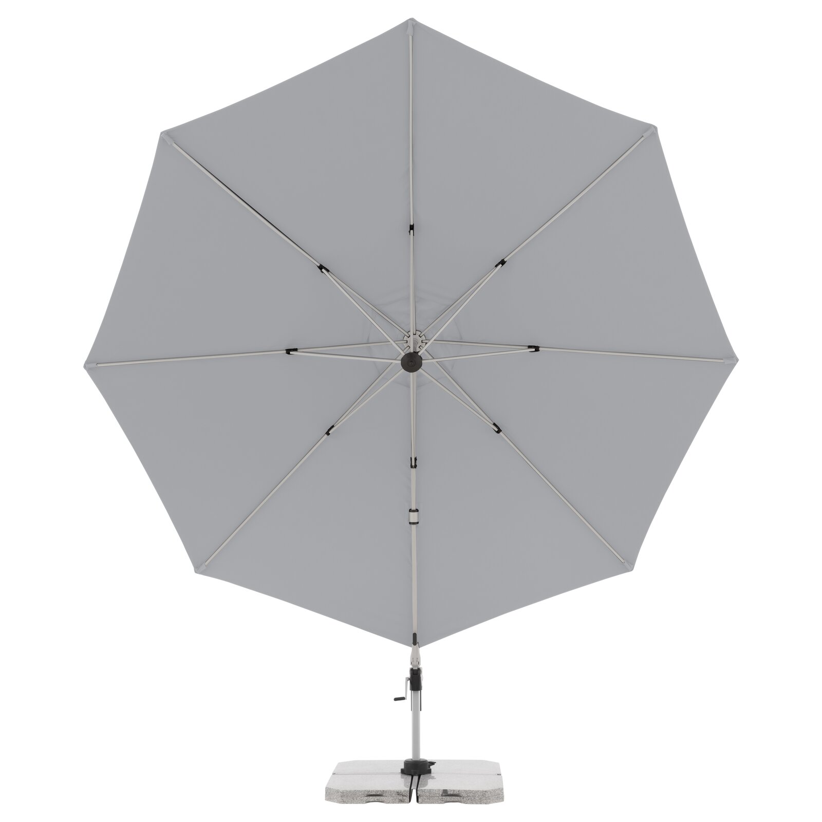 Grauer Pendelschirm von vorne mit stabilem Standfuß