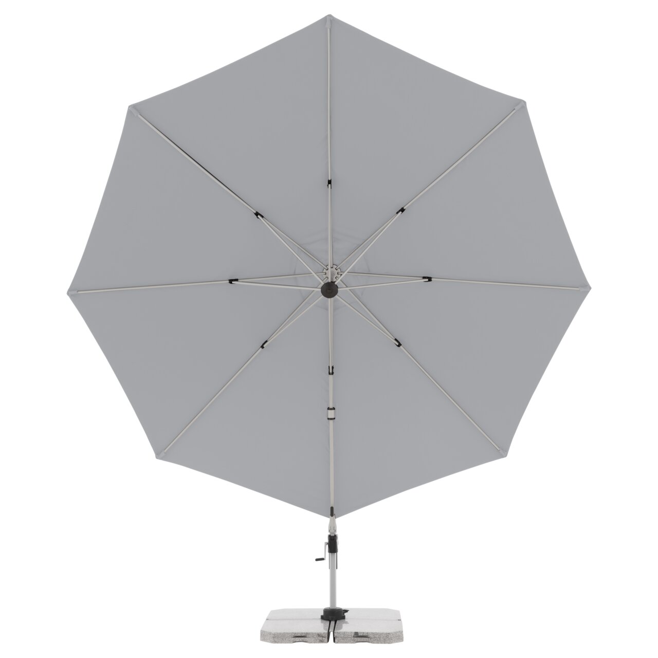 Grauer Pendelschirm von vorne mit stabilem Standfuß