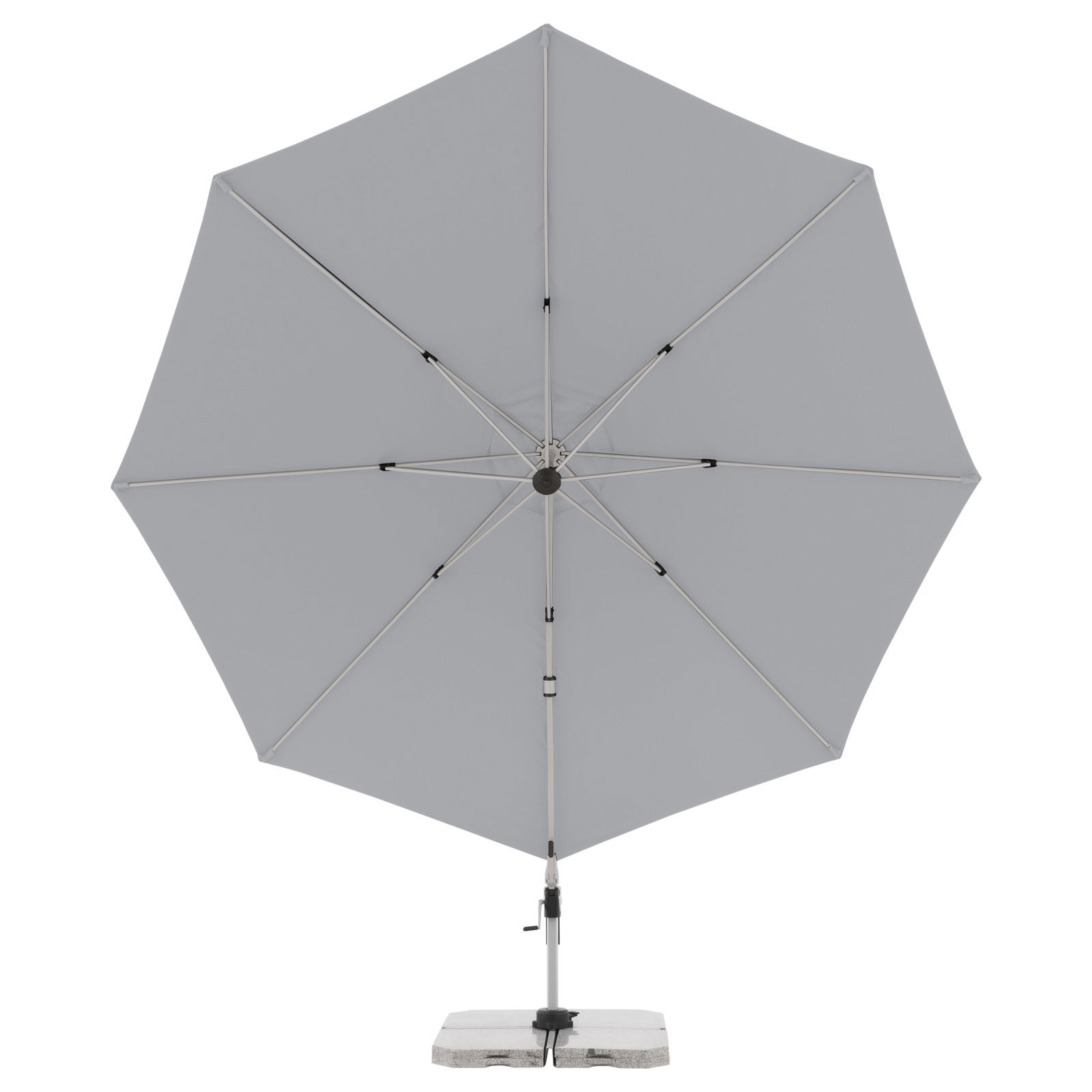 Grauer Pendelschirm von vorne mit stabilem Standfuß