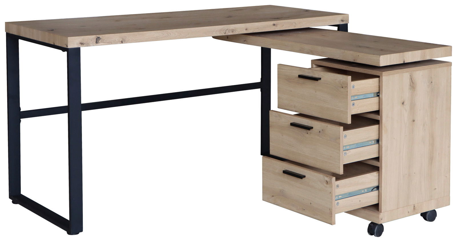 Moderner Funktionsschreibtisch aus Holz mit schwarzem Metallgestell, drei Schubladen und Rollen, seitliche Perspektive