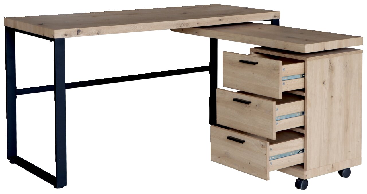 Moderner Funktionsschreibtisch aus Holz mit schwarzem Metallgestell, drei Schubladen und Rollen, seitliche Perspektive