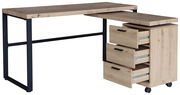 Moderner Funktionsschreibtisch aus Holz mit schwarzem Metallgestell, drei Schubladen und Rollen, seitliche Perspektive