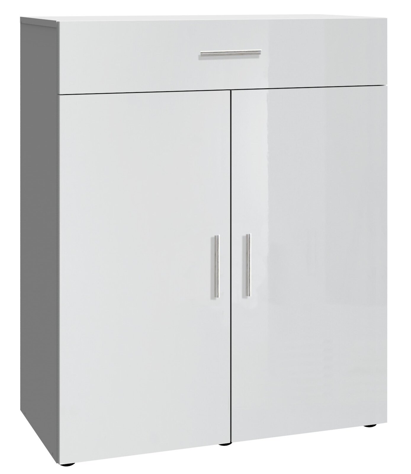 Weiße Kommode mit zwei Türen und einer Schublade, Frontansicht