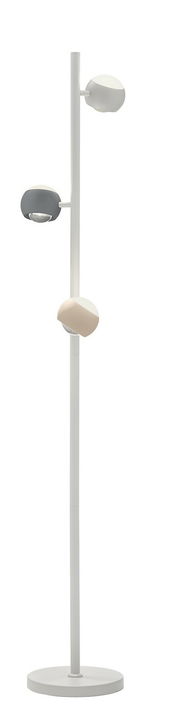 Moderne Stehleuchte mit drei verstellbaren Lampenschirmen in verschiedenen Farben, seitliche Perspektive.