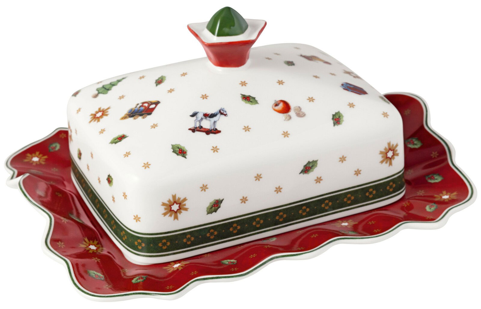 Weihnachtlich dekorierte Butterdose mit rotem Rand und festlichen Motiven, seitliche Perspektive