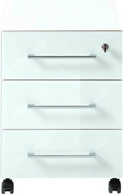 Weißer Rollcontainer mit drei Schubladen und Schloss, Frontalansicht