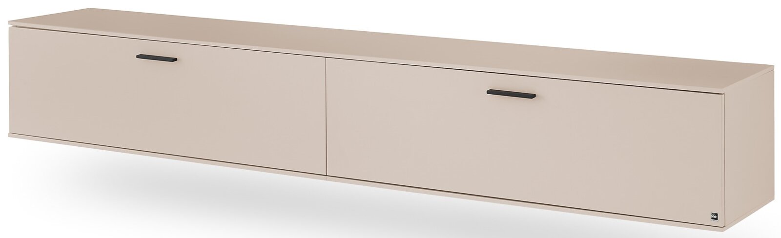 Beiges, modernes TV-Lowboard mit zwei Klapptüren und schwarzen Griffleisten, freigestellt auf weißem Hintergrund, perspektivische Frontansicht leicht von oben.