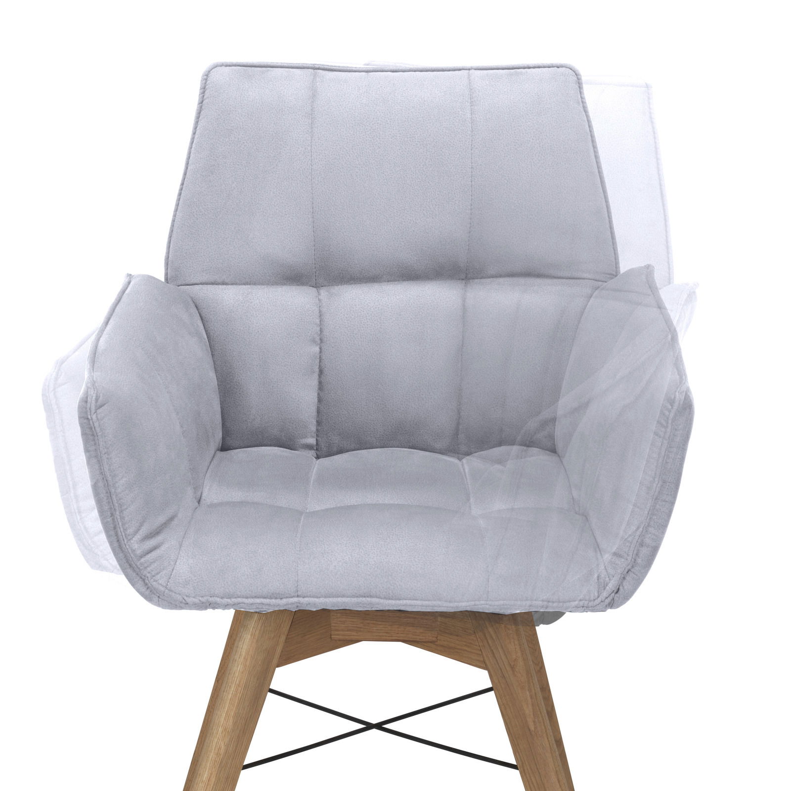 Grauer Armlehnenstuhl mit gepolstertem Sitz und Holzbeinen, Frontalansicht