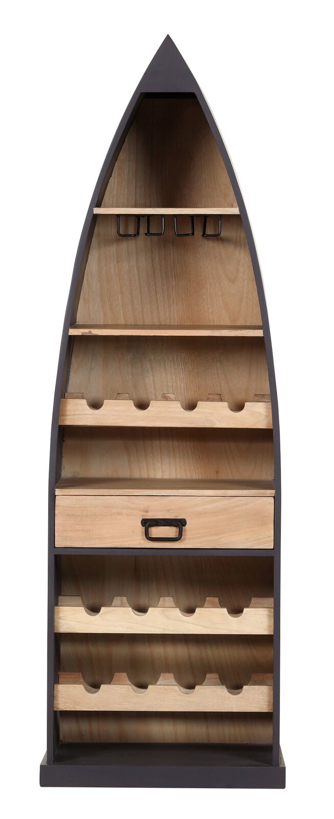Bar-Regal in Bootsform aus Holz mit mehreren Ablagen und einem Schubfach, frontale Ansicht.