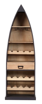 Bar-Regal in Bootsform aus Holz mit mehreren Ablagen und einem Schubfach, frontale Ansicht.