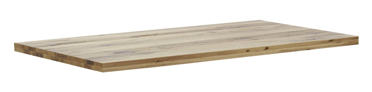 Holztischplatte in natürlicher Holzoptik, perspektivisch von der Seite gezeigt