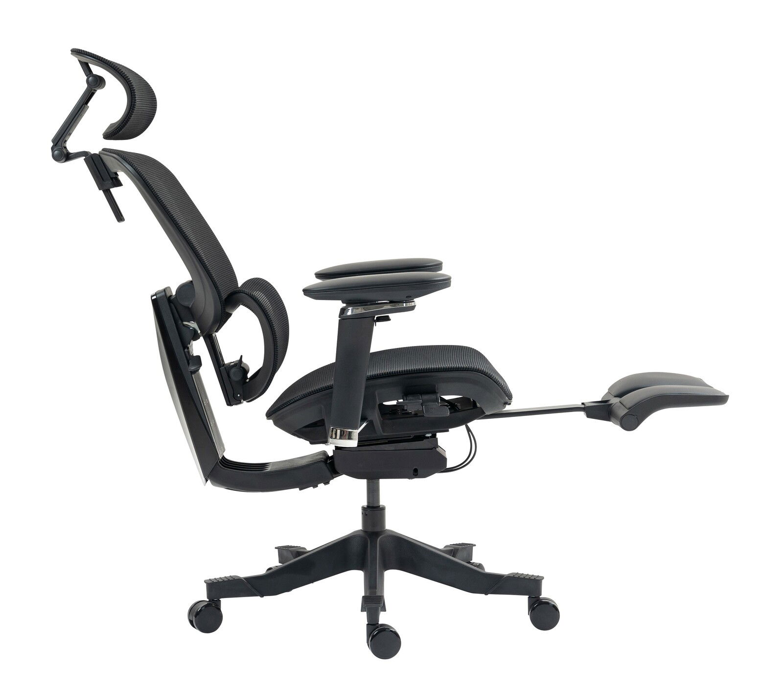 Seitliche Ansicht eines ergonomischen Drehstuhls mit verstellbarer Kopfstütze, Armlehnen und Fußstütze, Modell DOMINIC.