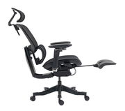 Seitliche Ansicht eines ergonomischen Drehstuhls mit verstellbarer Kopfstütze, Armlehnen und Fußstütze, Modell DOMINIC.