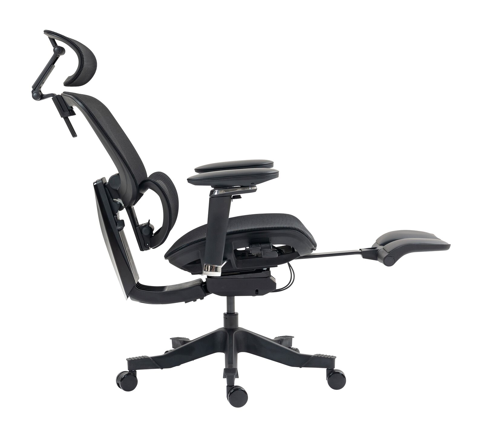 Seitliche Ansicht eines ergonomischen Drehstuhls mit verstellbarer Kopfstütze, Armlehnen und Fußstütze, Modell DOMINIC.