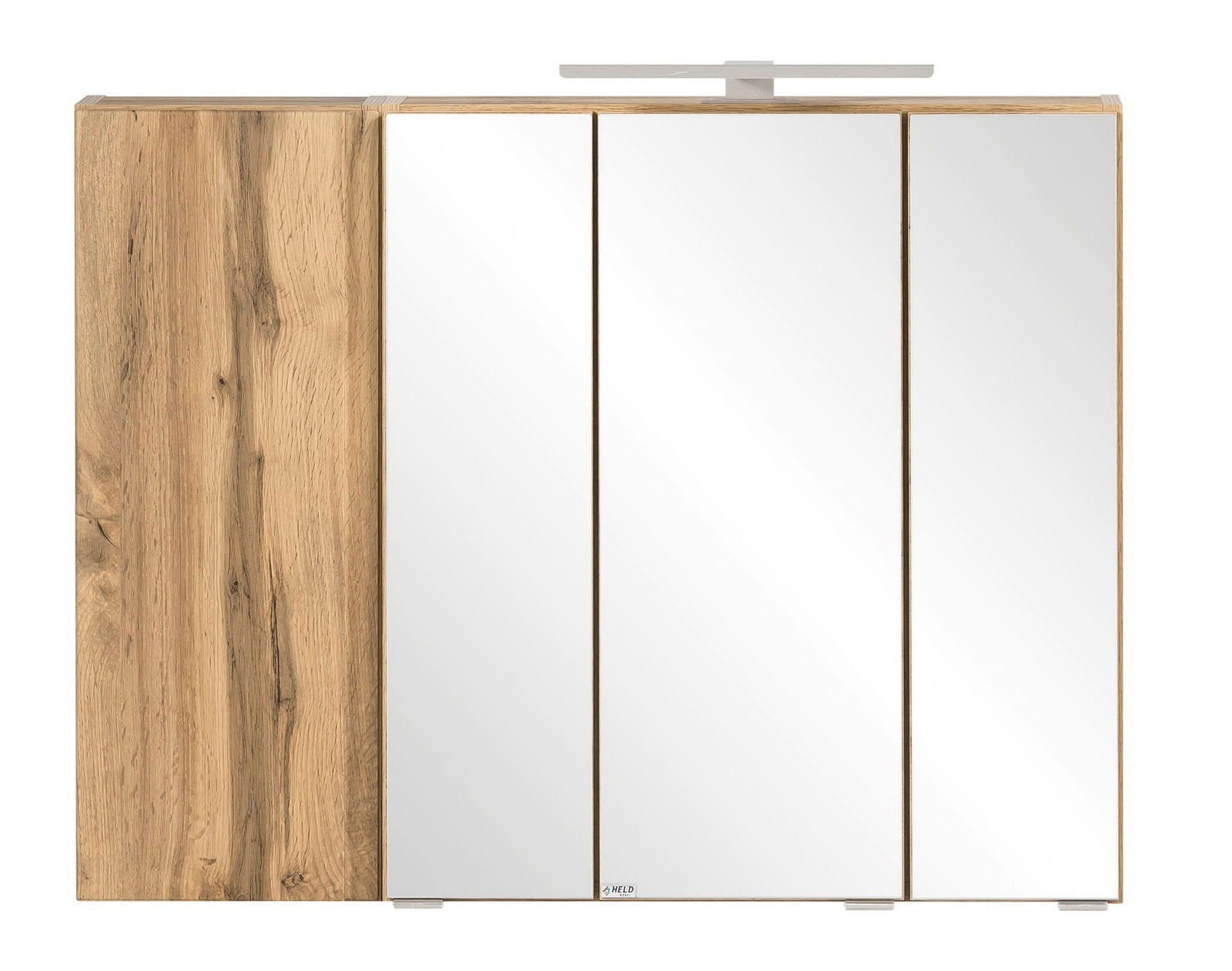 Spiegelschrank mit drei Spiegeltüren und Holzoptik von vorne