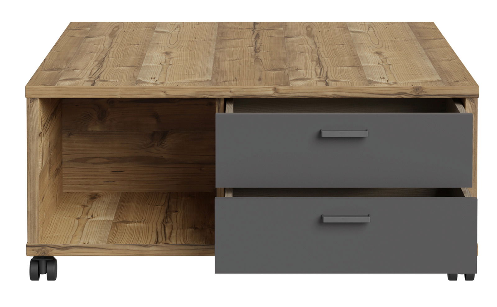 Moderner Couchtisch aus Holz mit zwei grauen Schubladen, Frontansicht