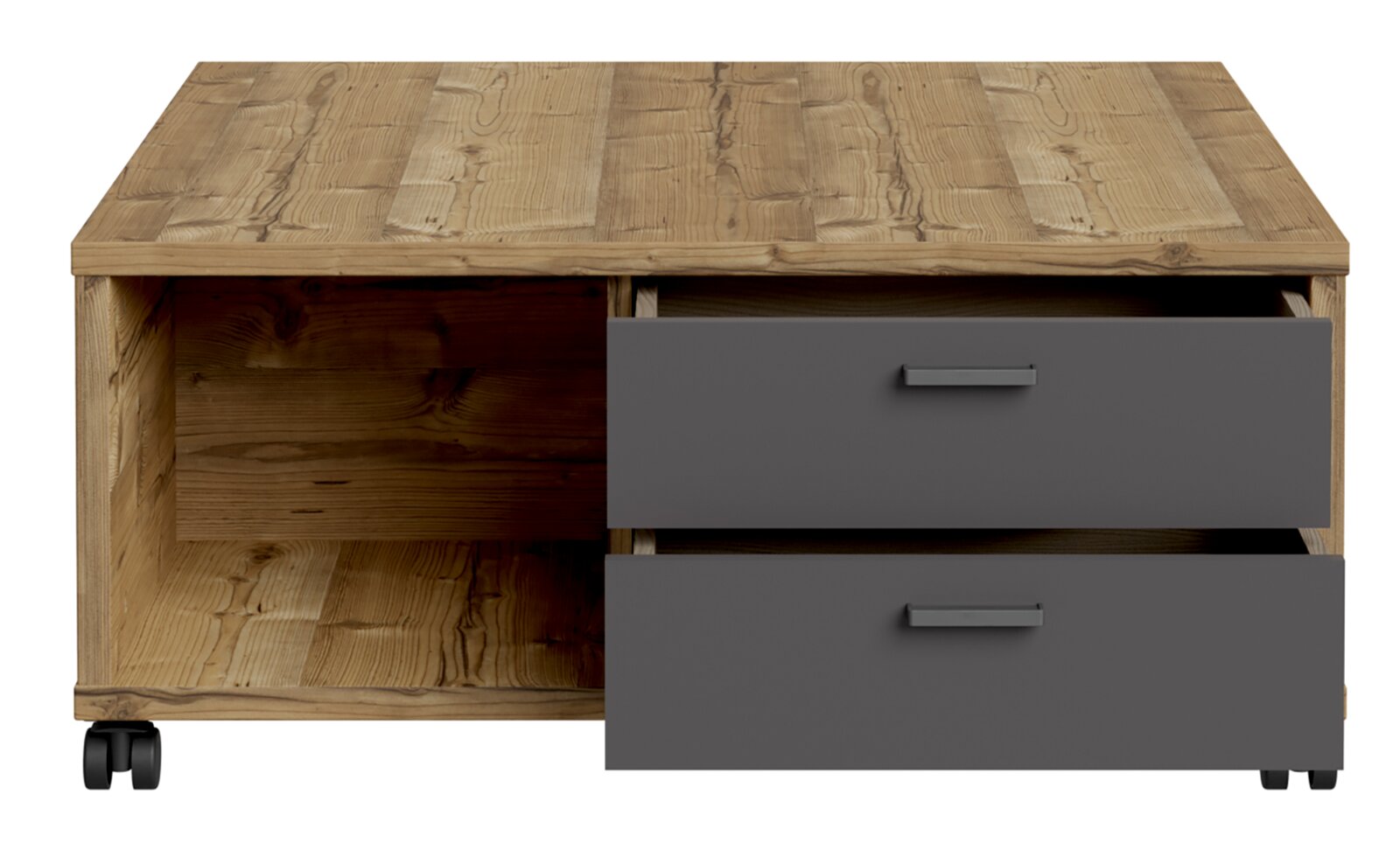 Moderner Couchtisch aus Holz mit zwei grauen Schubladen, Frontansicht