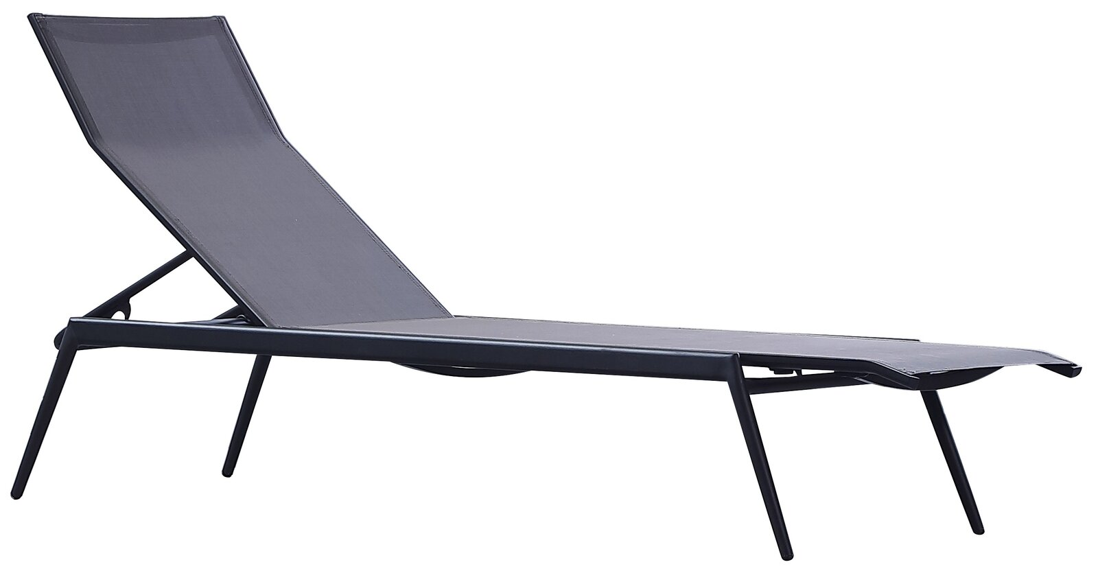 Seitliche Ansicht einer modernen, schwarzen Sonnenliege mit verstellbarer Rückenlehne.