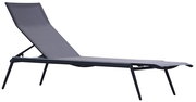 Seitliche Ansicht einer modernen, schwarzen Sonnenliege mit verstellbarer Rückenlehne.