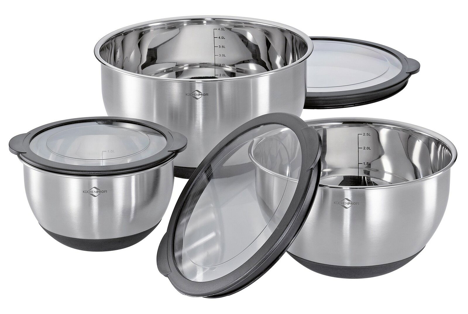 Dreiteiliges Schüssel-Set aus Edelstahl mit transparenten Deckeln, seitliche Perspektive