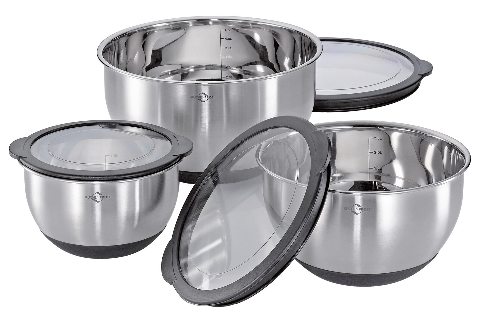 Dreiteiliges Schüssel-Set aus Edelstahl mit transparenten Deckeln, seitliche Perspektive