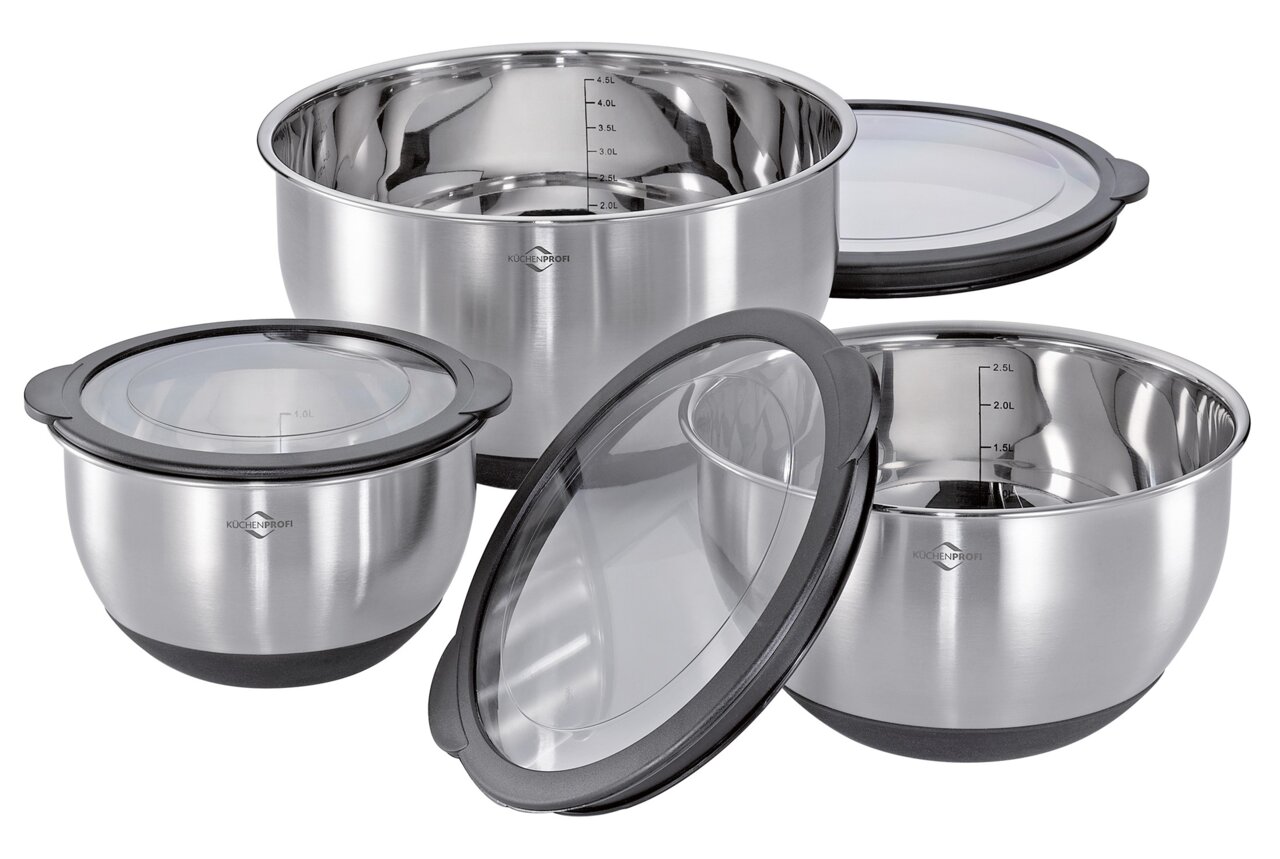 KÜCHENPROFI Schüssel-Set 3-tlg. DELUXE Dreiteiliges Schüssel-Set aus Edelstahl mit transparenten Deckeln, seitliche Perspektive