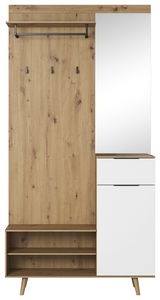 Kompaktgarderobe aus Holz mit Spiegel, Kleiderstange, Haken und Schuhregal, Frontalansicht