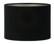 Schwarzer zylindrischer Lampenschirm, frontal betrachtet, mit samtiger Oberfläche und silbernem Innenfutter.