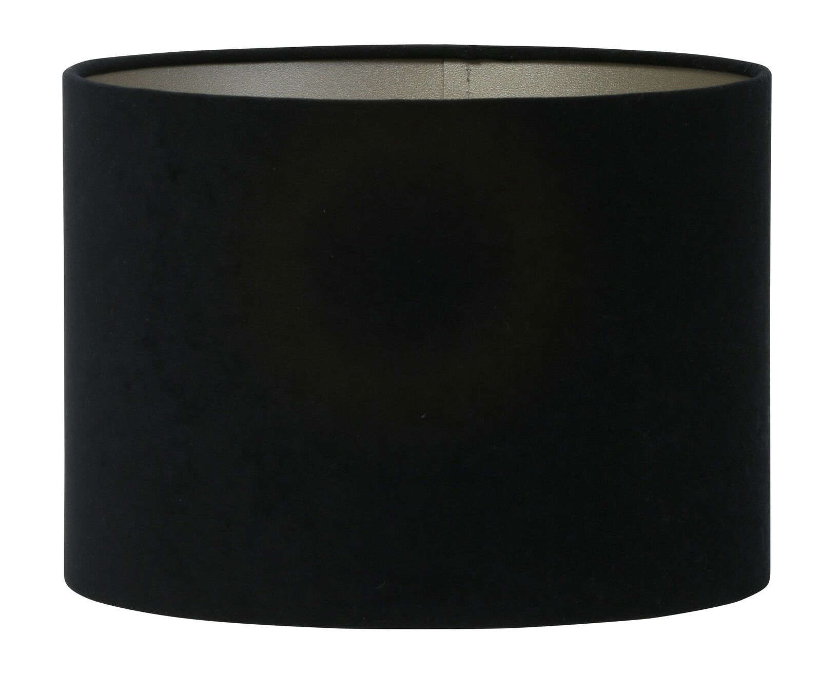 Schwarzer zylindrischer Lampenschirm, frontal betrachtet, mit samtiger Oberfläche und silbernem Innenfutter.
