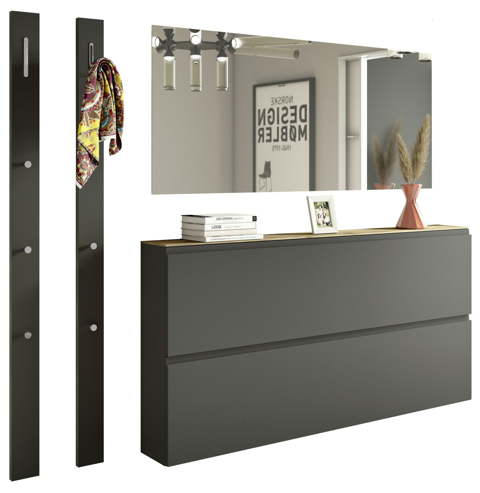 Modernes Garderobenset in dunklem Design mit Spiegel, zwei Wandpaneelen mit Haken und einer Kommode, seitliche Perspektive.