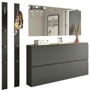 Modernes Garderobenset in dunklem Design mit Spiegel, zwei Wandpaneelen mit Haken und einer Kommode, seitliche Perspektive.
