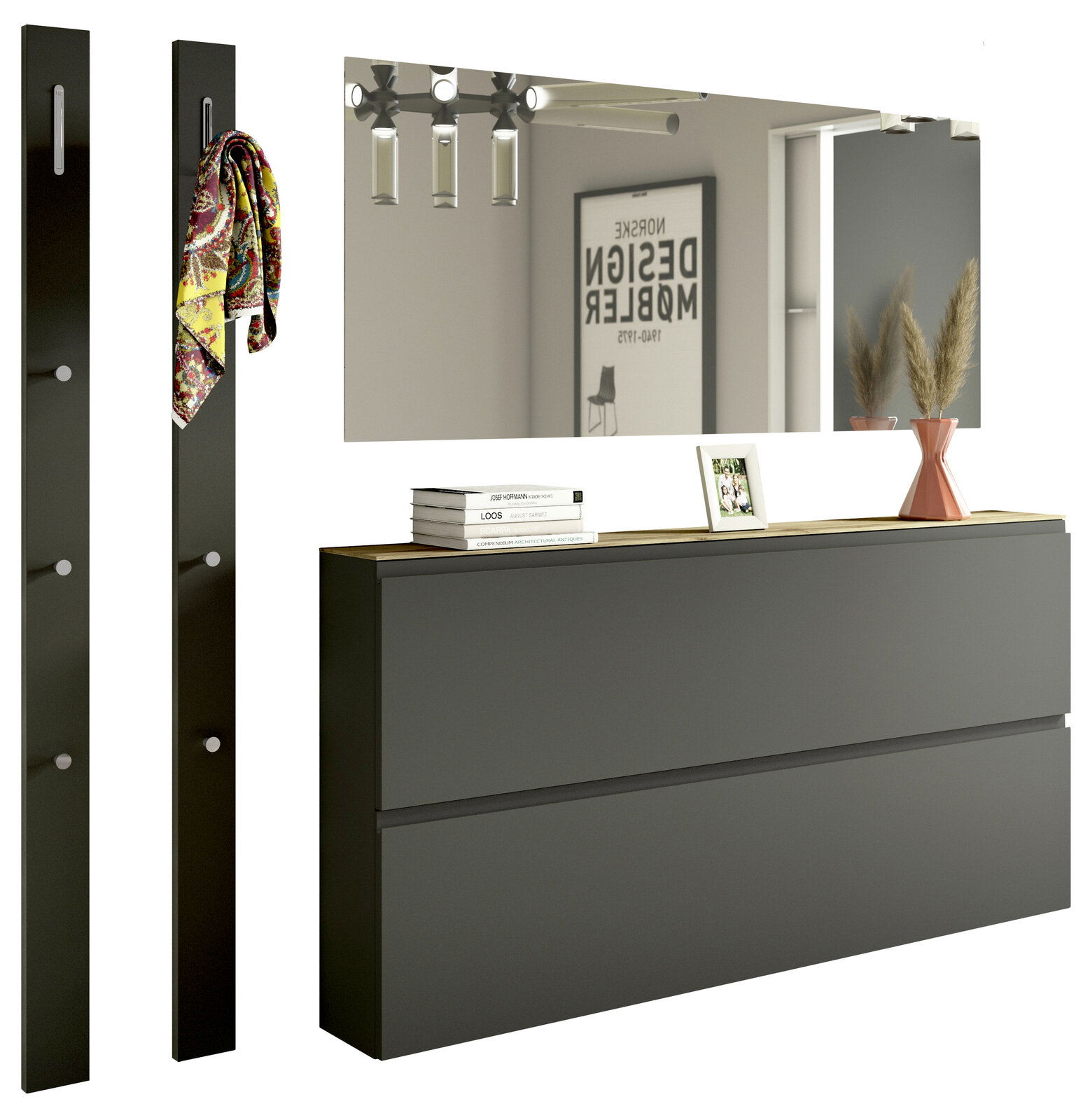 Modernes Garderobenset in dunklem Design mit Spiegel, zwei Wandpaneelen mit Haken und einer Kommode, seitliche Perspektive.