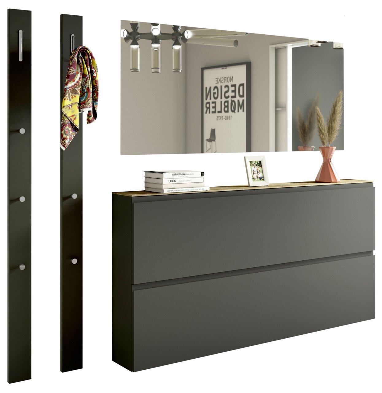 Modernes Garderobenset in dunklem Design mit Spiegel, zwei Wandpaneelen mit Haken und einer Kommode, seitliche Perspektive.