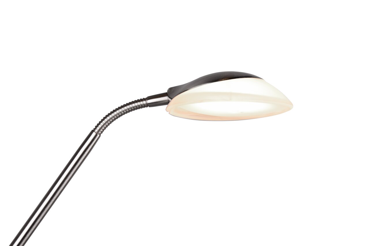 Close-up van een moderne LED-plafondspot met flexibele arm en een elegant ontwerp.