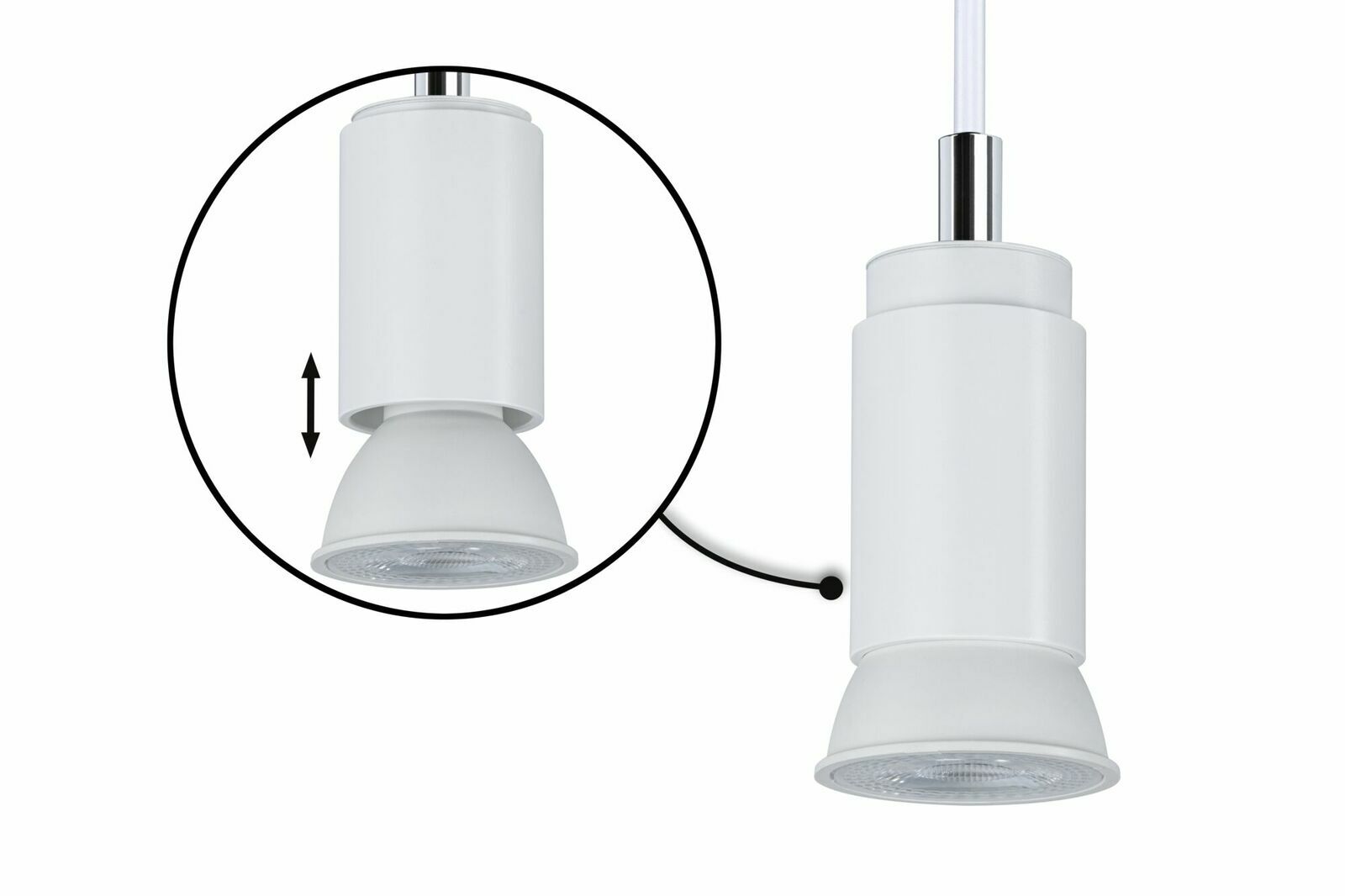 Weißes Schienenpendel Runa mit verstellbarem Lampenschirm, seitliche Perspektive