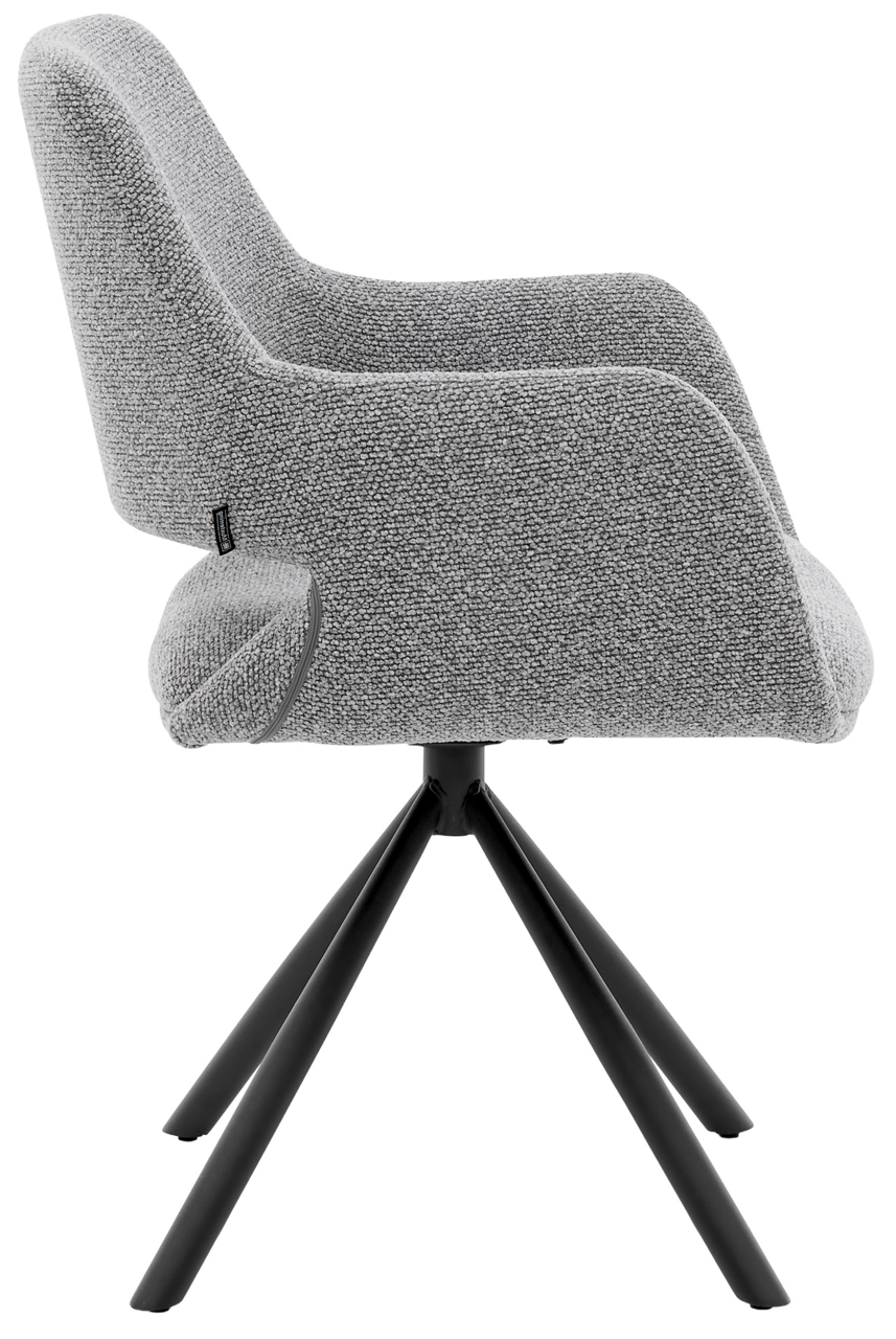 Musterring Armlehnstuhl MR TARIO Grauer Armlehnstuhl mit Stoffbezug, seitliche Perspektive, schwarzes Metallgestell mit vier Beinen.