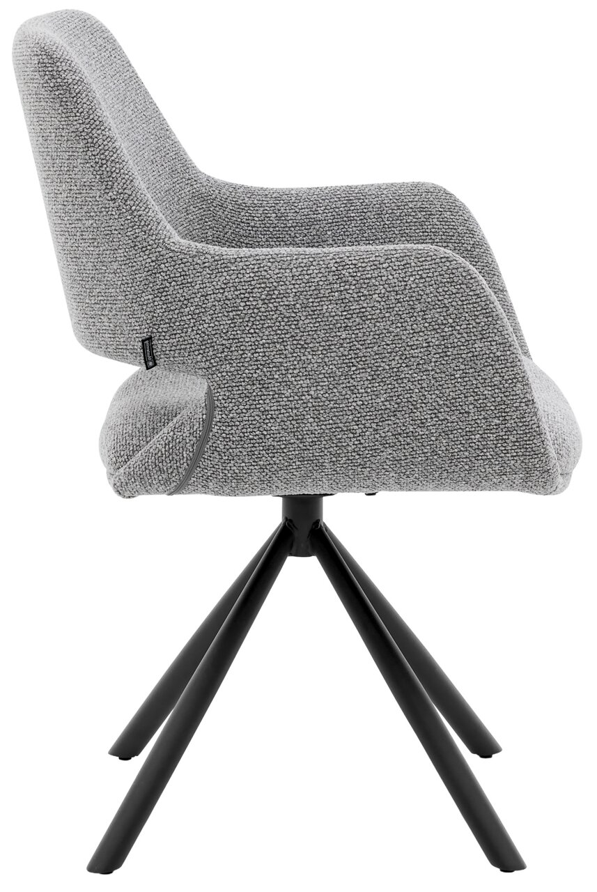Musterring Armlehnstuhl MR TARIO Grauer Armlehnstuhl mit Stoffbezug, seitliche Perspektive, schwarzes Metallgestell mit vier Beinen.