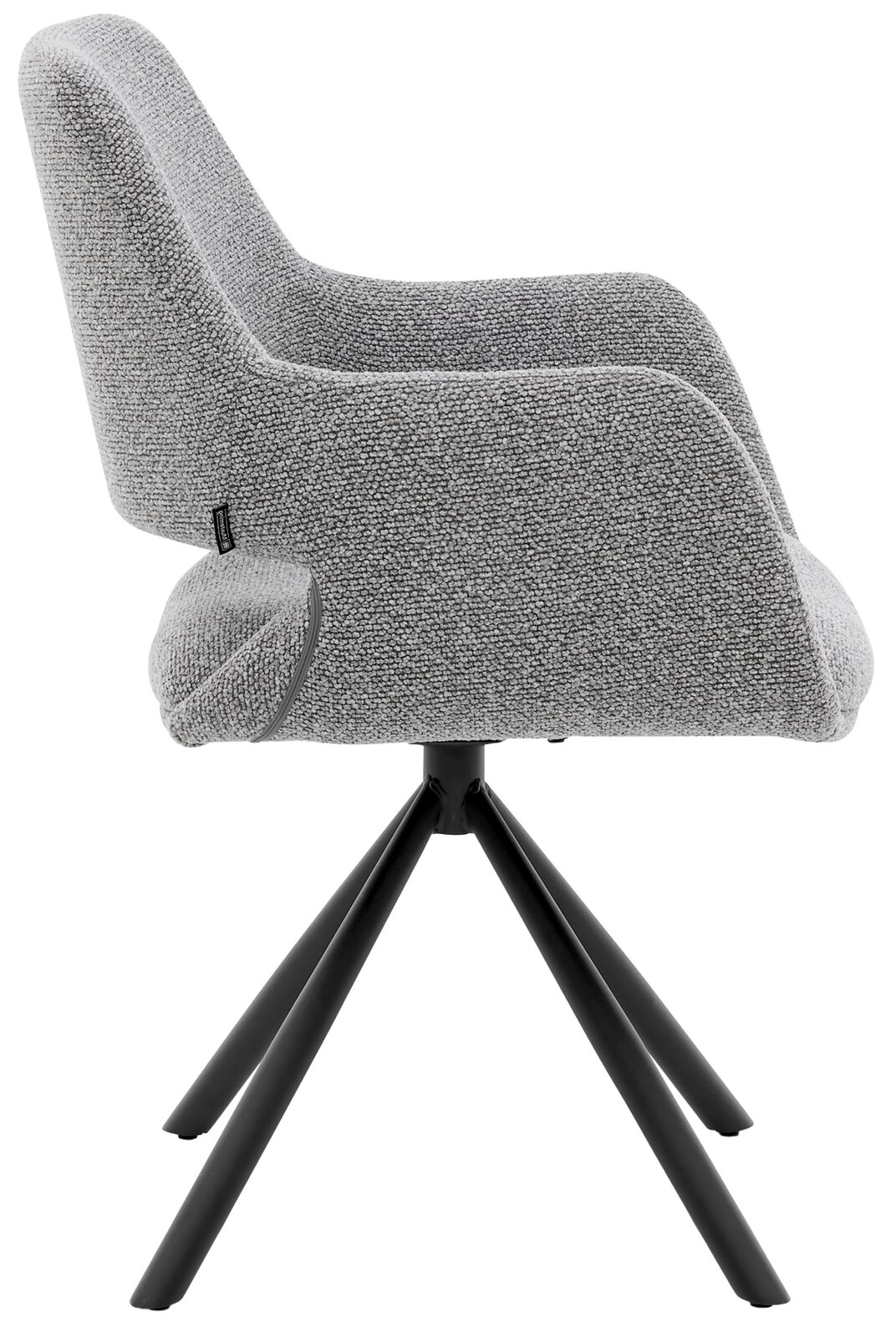Musterring Fauteuil MR TARIO Grijze fauteuil met stoffen bekleding, zijaanzicht, zwart metalen frame met vier poten.