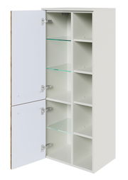 Offener Midischrank mit zwei Türen und mehreren Glasböden, Perspektive von vorne links