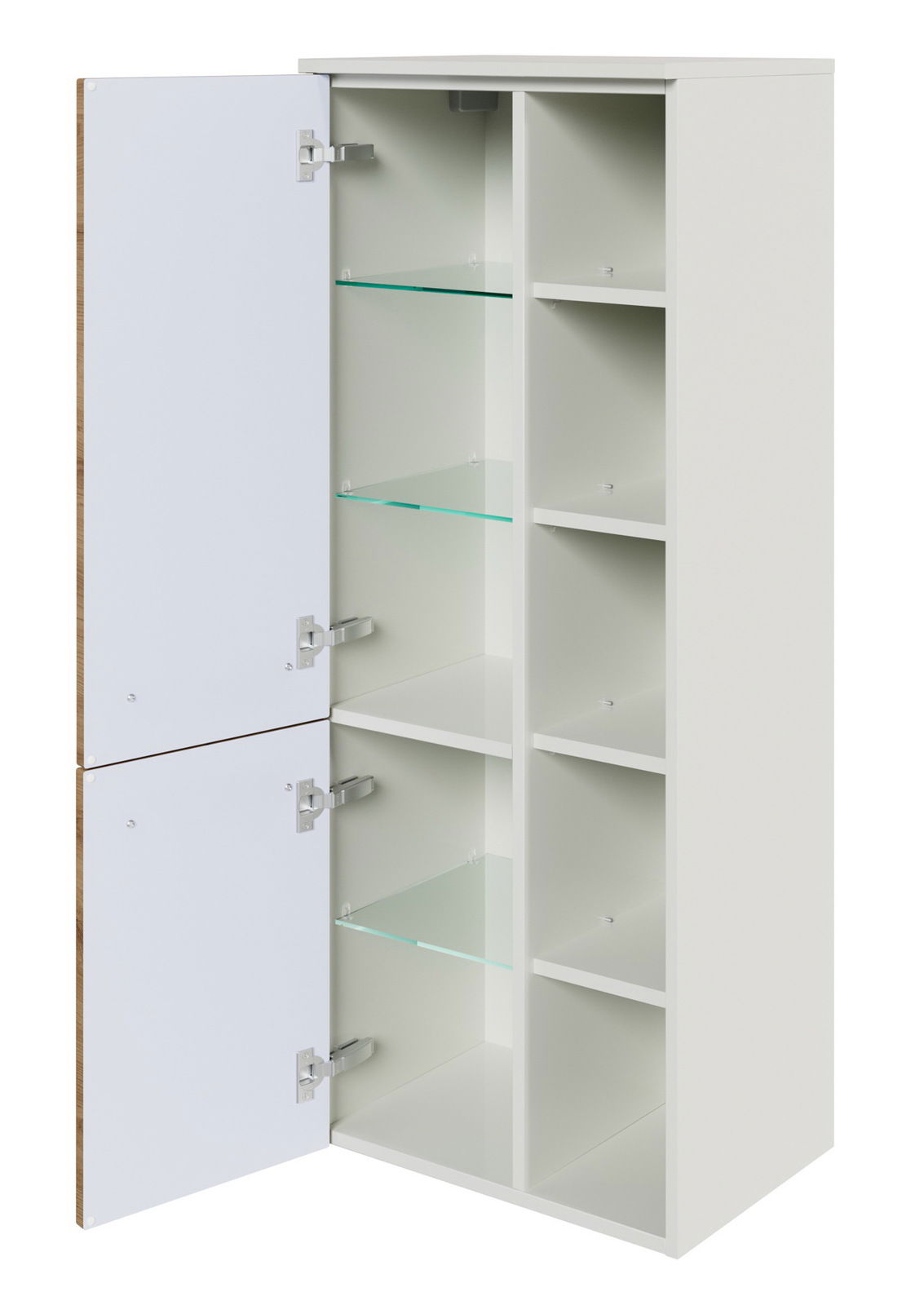 Offener Midischrank mit zwei Türen und mehreren Glasböden, Perspektive von vorne links