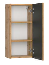 Hängeschrank aus Holz mit geöffneter Tür, zwei Regalböden und seitlicher Perspektive