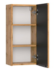 Hängeschrank aus Holz mit geöffneter Tür, zwei Regalböden und seitlicher Perspektive