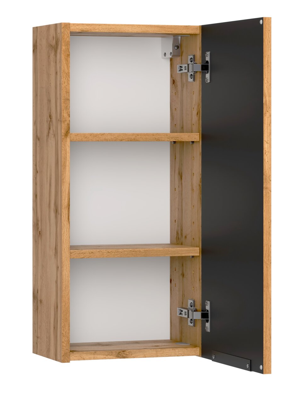 Hängeschrank aus Holz mit geöffneter Tür, zwei Regalböden und seitlicher Perspektive