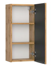 Hängeschrank aus Holz mit geöffneter Tür, zwei Regalböden und seitlicher Perspektive