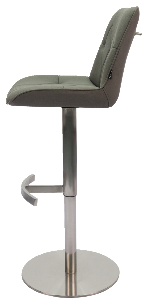 Novel Barhocker HENRY Seitenansicht eines modernen Barhockers mit gepolstertem Sitz und Rückenlehne in Grau, verstellbarem Metallgestell und Fußstütze.